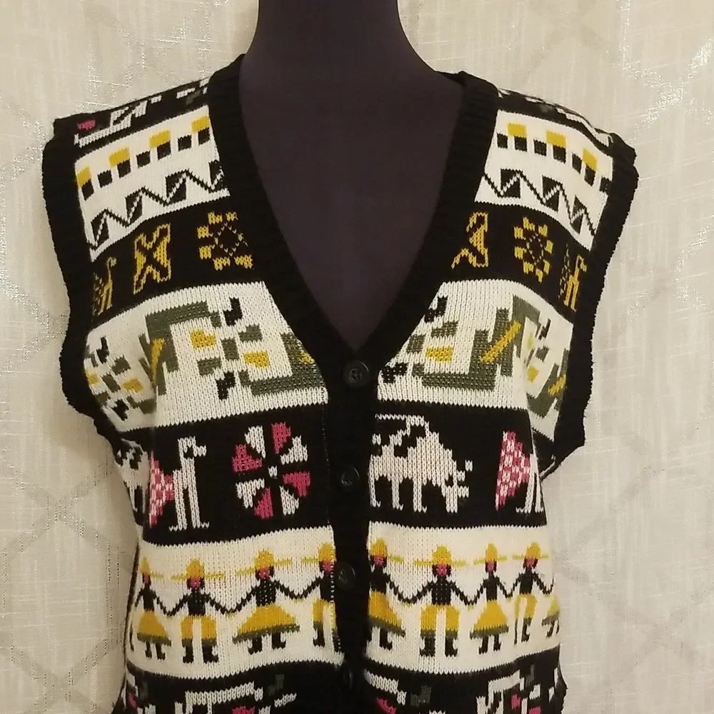 Vintage Boho Art to Wear Knit Cardigan Vest Grannycore Womens S/M Y2k Knit